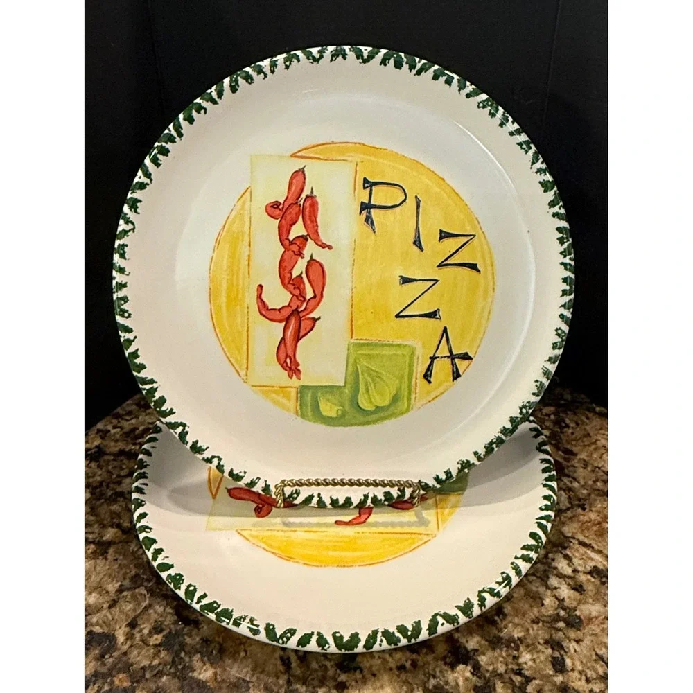 CMS Pizza Plates Plate Hand Painted Italy Set of 2 Chili Pepper Garlic NEW
